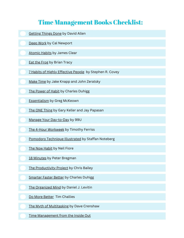 Library Time Checklist Top 20 Time Management Books free downloadable checklist – Paper Brains